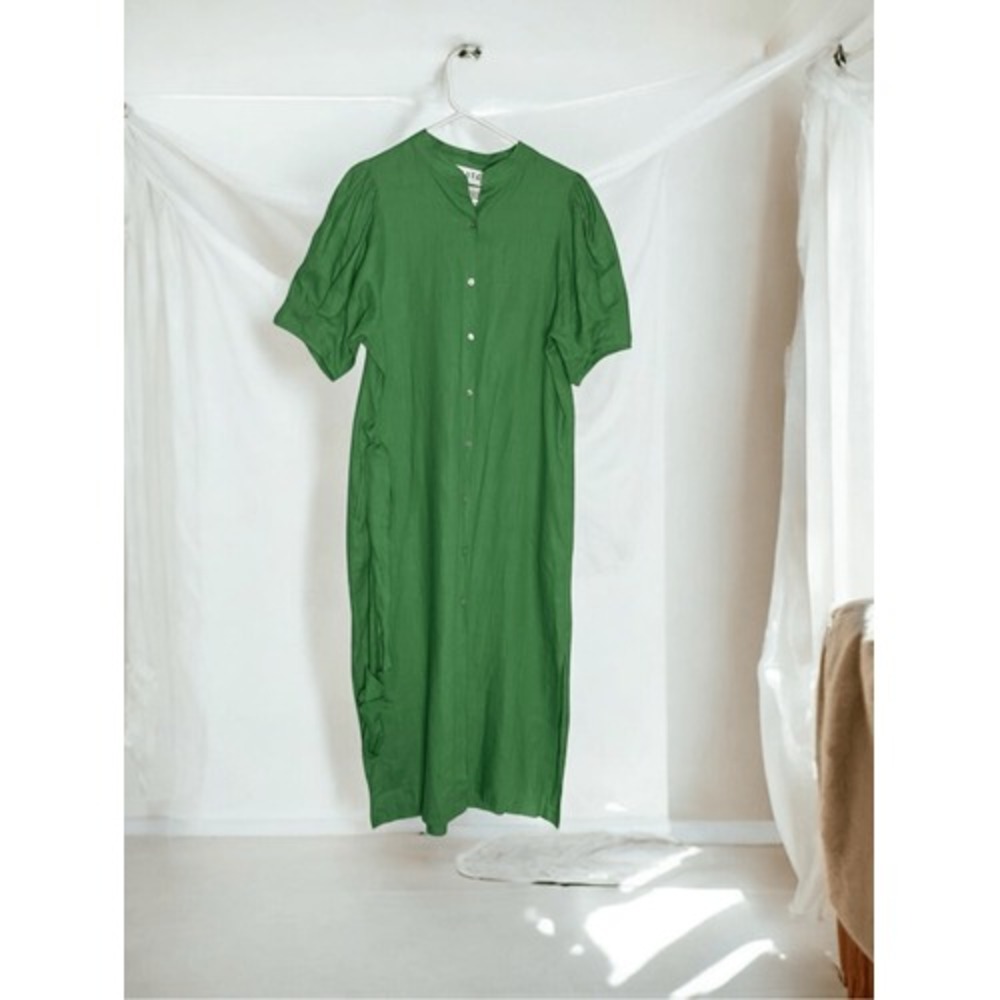 Fifteen Twenty Linen Maxi Dress Womens Large Fairy Green Belted Slits Button Up*